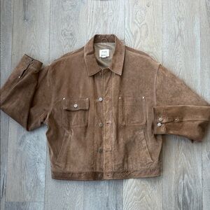 GAP Vintage Suede Brown Tan 💯Leather Heavy Shirt Trucker Jacket Silver Buttons-L